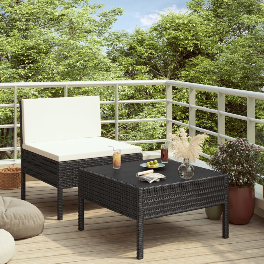 vidaXL 2-delige Loungeset met kussens poly rattan zwart afbeelding 1