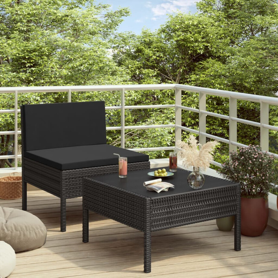 vidaXL 2-delige Loungeset met kussens poly rattan zwart afbeelding 1