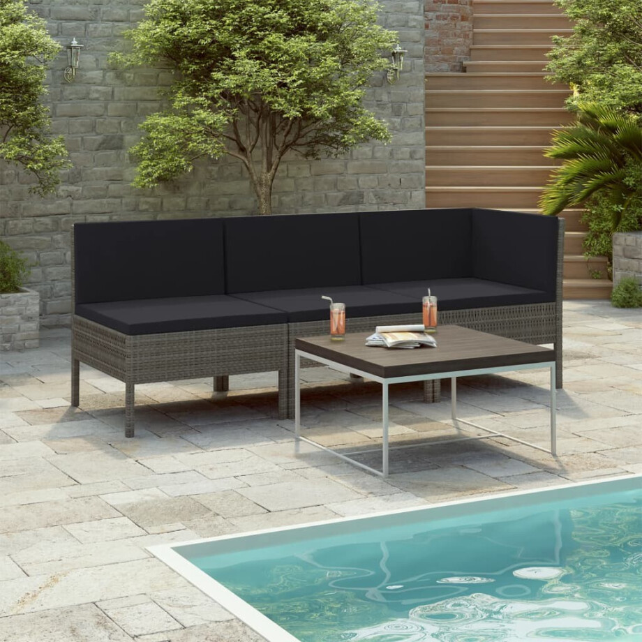 vidaXL 3-delige Loungeset met kussens poly rattan grijs afbeelding 1