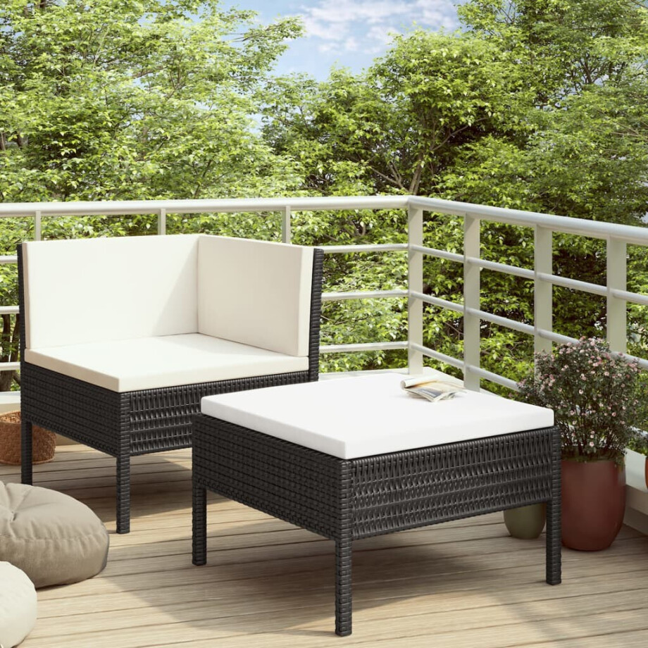 vidaXL 2-delige Loungeset met kussens poly rattan zwart afbeelding 1