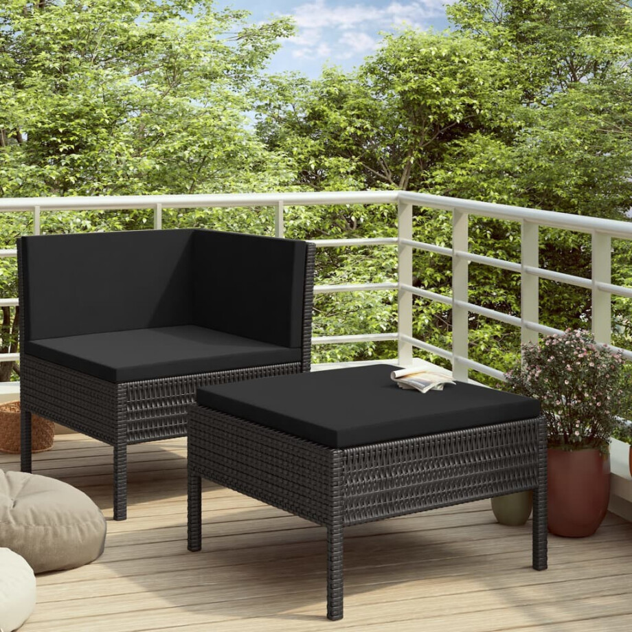 vidaXL 2-delige Loungeset met kussens poly rattan zwart afbeelding 1