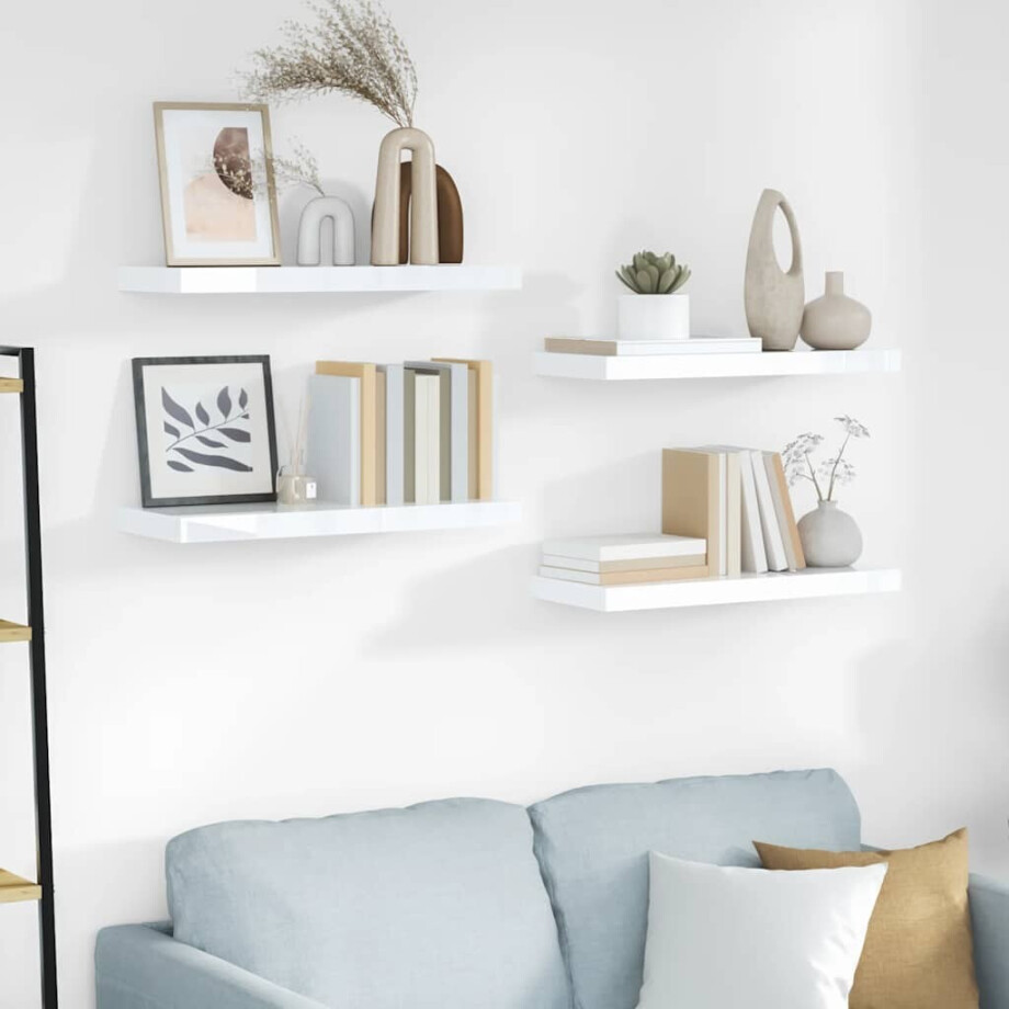 vidaXL Wandschappen zwevend 4 st 60x23,5x3,8 cm MDF hoogglans wit afbeelding 1