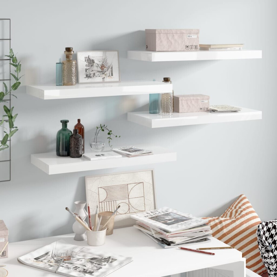 vidaXL Wandschappen zwevend 4 st 60x23,5x3,8 cm MDF hoogglans wit afbeelding 1