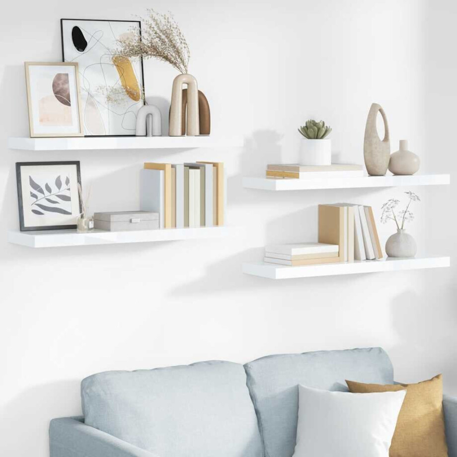 vidaXL Wandschappen zwevend 4 st 80x23,5x3,8 cm MDF hoogglans wit afbeelding 1