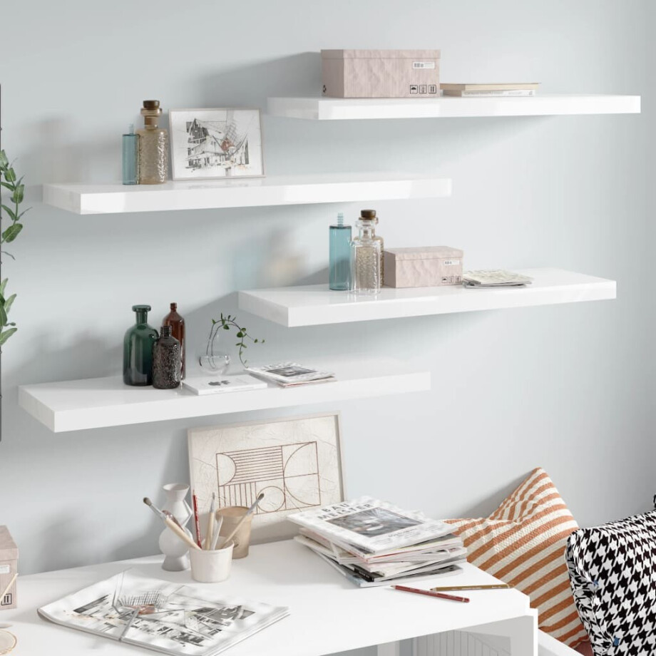 vidaXL Wandschappen zwevend 4 st 80x23,5x3,8 cm MDF hoogglans wit afbeelding 1