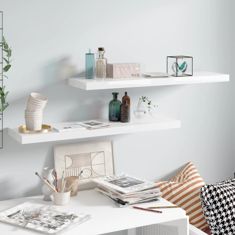 vidaXL Wandschappen zwevend 2 st 90x23,5x3,8 cm MDF hoogglans wit afbeelding 1
