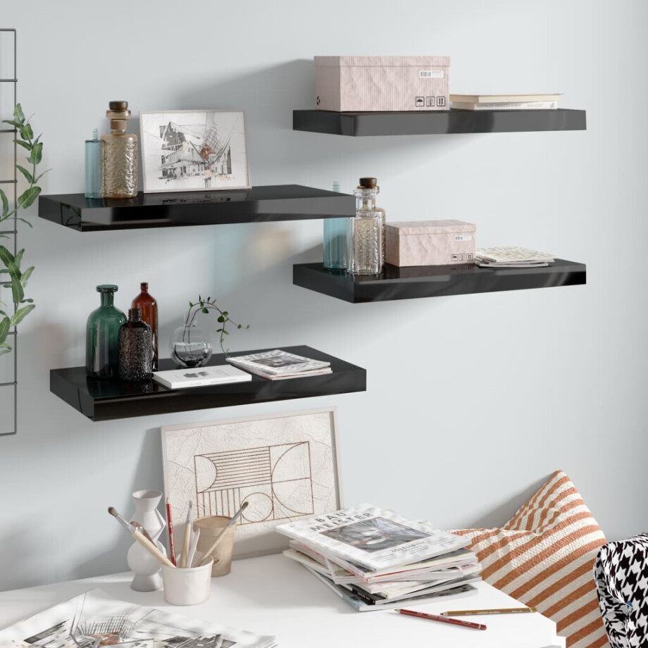 vidaXL Wandschappen zwevend 4 st 50x23x3,8 cm MDF hoogglans zwart vidaXL Wandschappen zwevend 4 st 50x23x3,8 cm MDF hoogglans zwart afbeelding 1