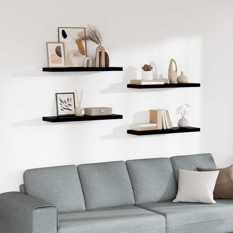 vidaXL Wandschappen zwevend 4 st 80x23,5x3,8 cm MDF hoogglans zwart vidaXL Wandschappen zwevend 4 st 80x23,5x3,8 cm MDF hoogglans zwart afbeelding 1