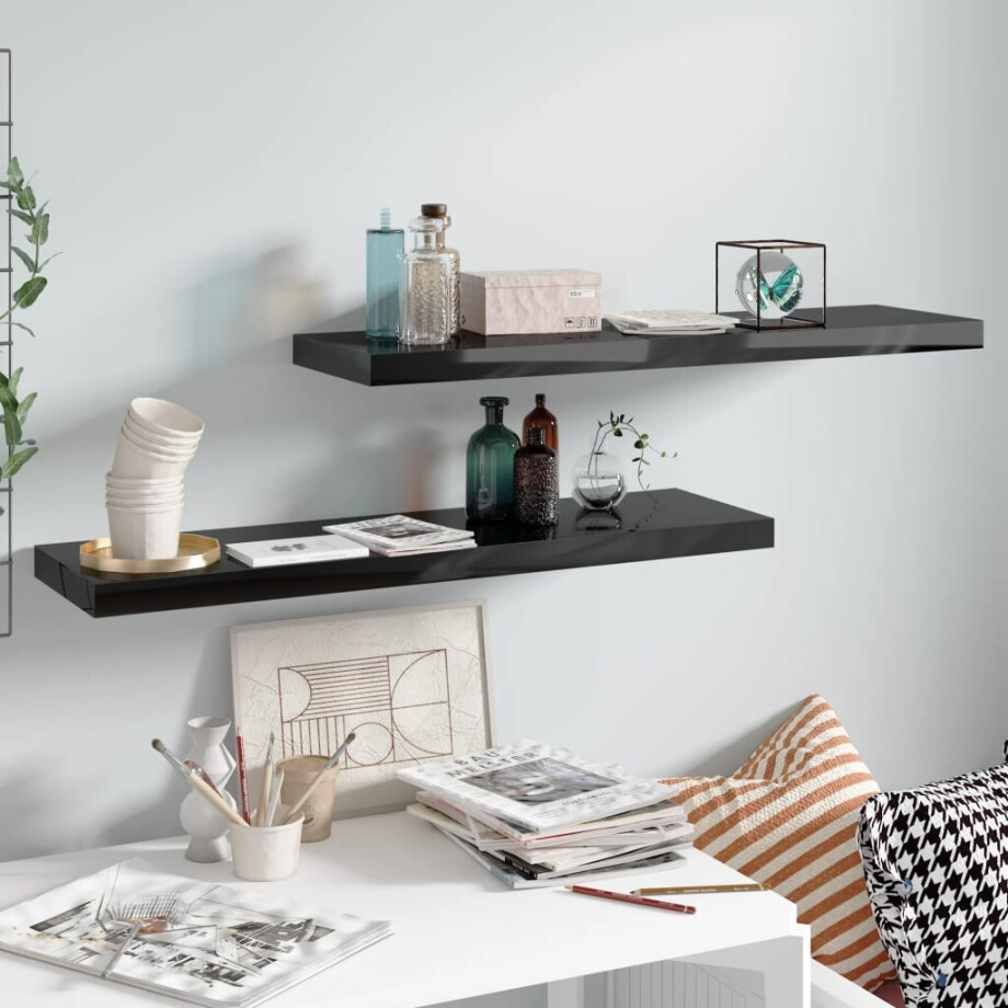 vidaXL Wandschappen zwevend 2 st 90x23,5x3,8 cm MDF hoogglans zwart vidaXL Wandschappen zwevend 2 st 90x23,5x3,8 cm MDF hoogglans zwart afbeelding 1