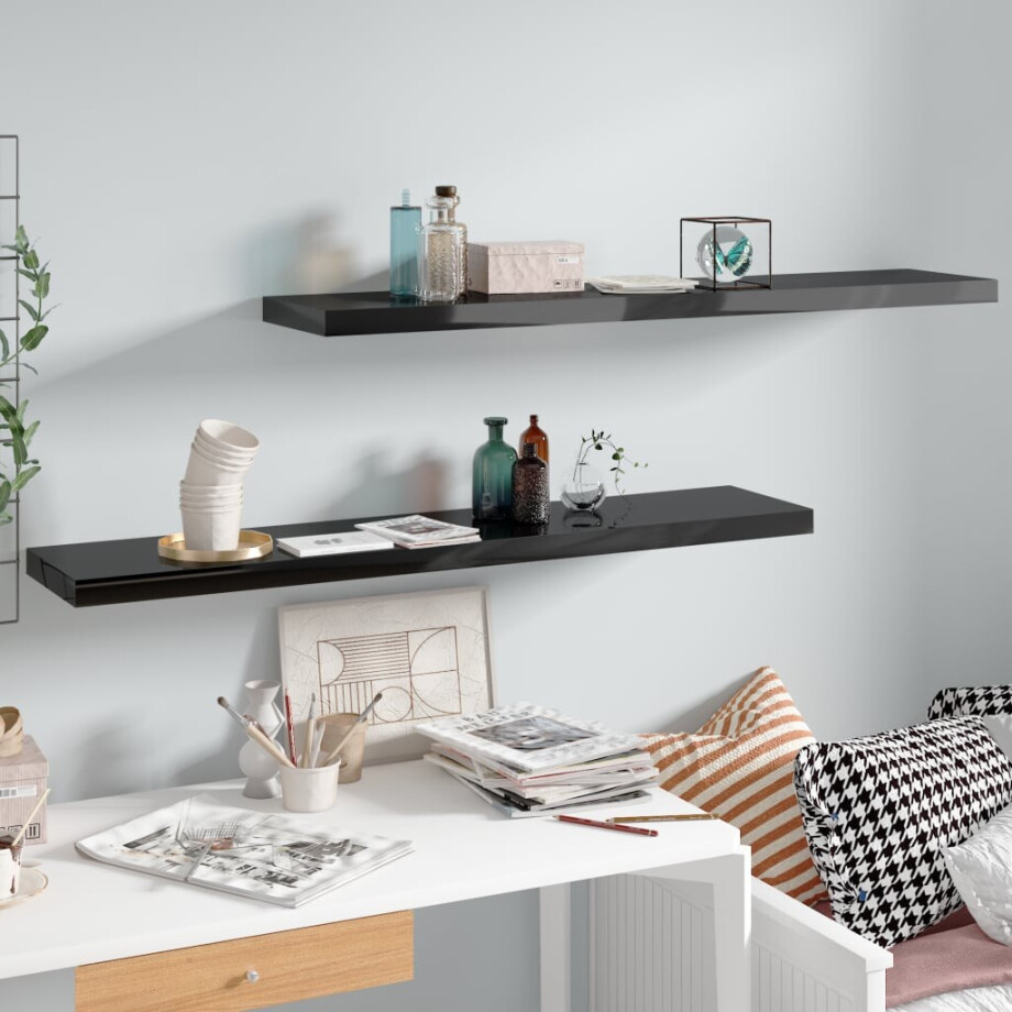 vidaXL Wandschappen zwevend 2 st 120x23,5x3,8 cm MDF hoogglans zwart vidaXL Wandschappen zwevend 2 st 120x23,5x3,8 cm MDF hoogglans zwart afbeelding 1