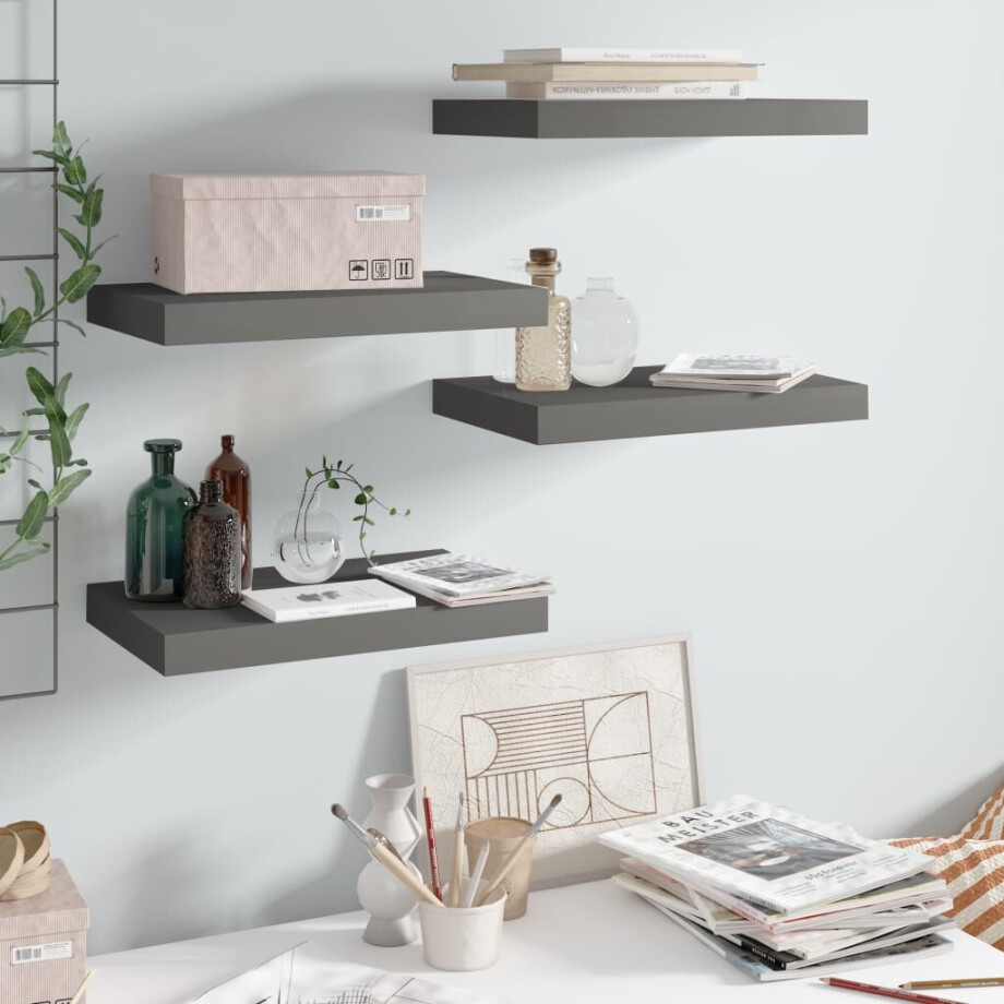 vidaXL Wandschappen zwevend 4 st 40x23x3,8 cm MDF hoogglans grijs vidaXL Wandschappen zwevend 4 st 40x23x3,8 cm MDF hoogglans grijs afbeelding 1