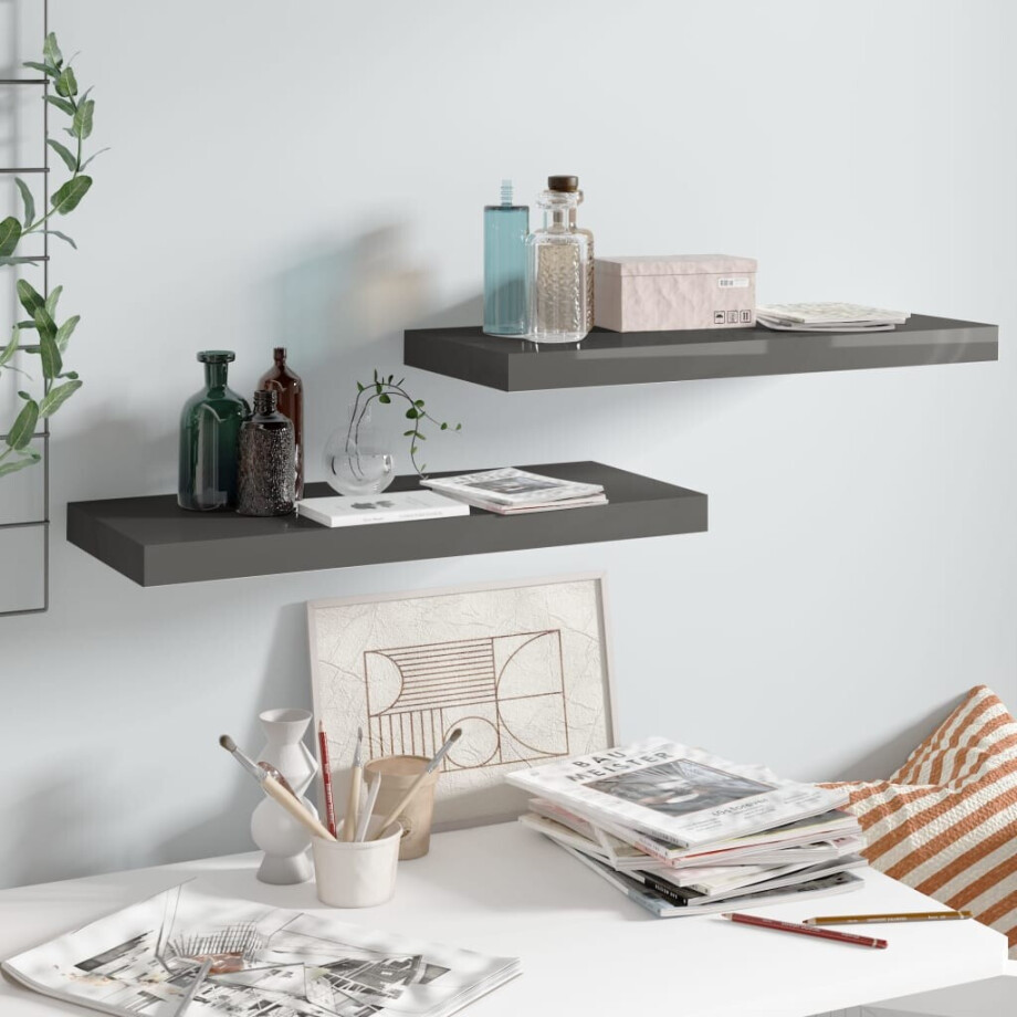vidaXL Wandschappen zwevend 2 st 60x23,5x3,8 cm MDF hoogglans grijs vidaXL Wandschappen zwevend 2 st 60x23,5x3,8 cm MDF hoogglans grijs afbeelding 1