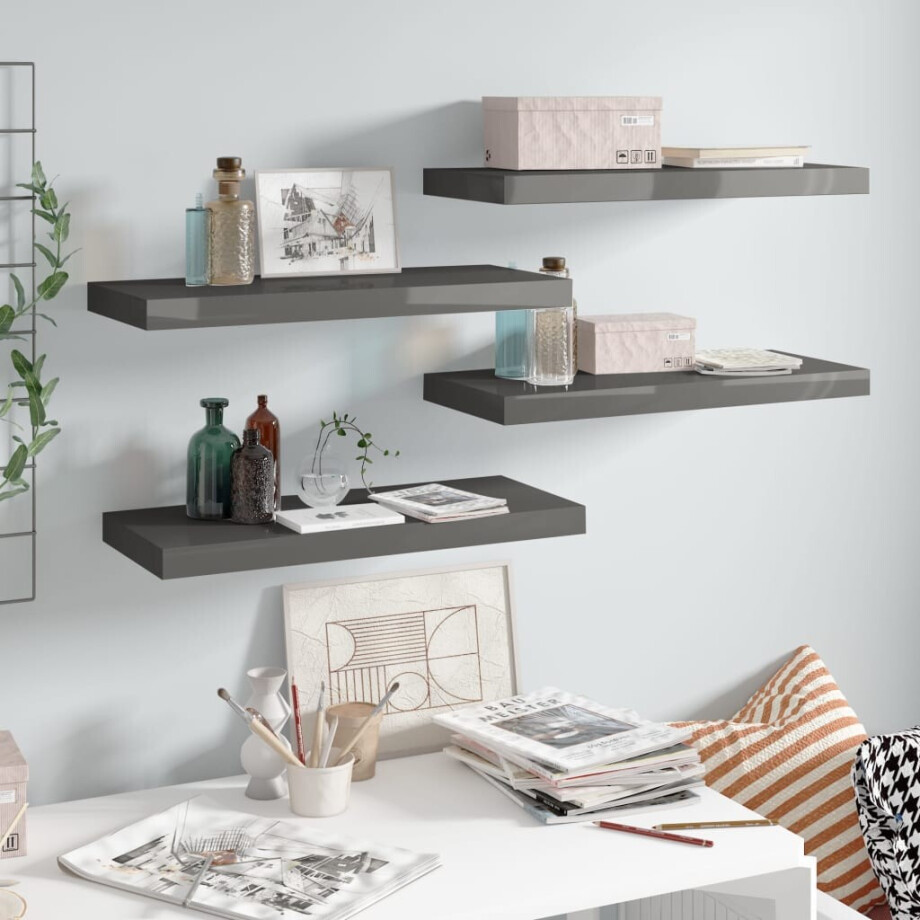 vidaXL Wandschappen zwevend 4 st 60x23,5x3,8 cm MDF hoogglans grijs vidaXL Wandschappen zwevend 4 st 60x23,5x3,8 cm MDF hoogglans grijs afbeelding 1