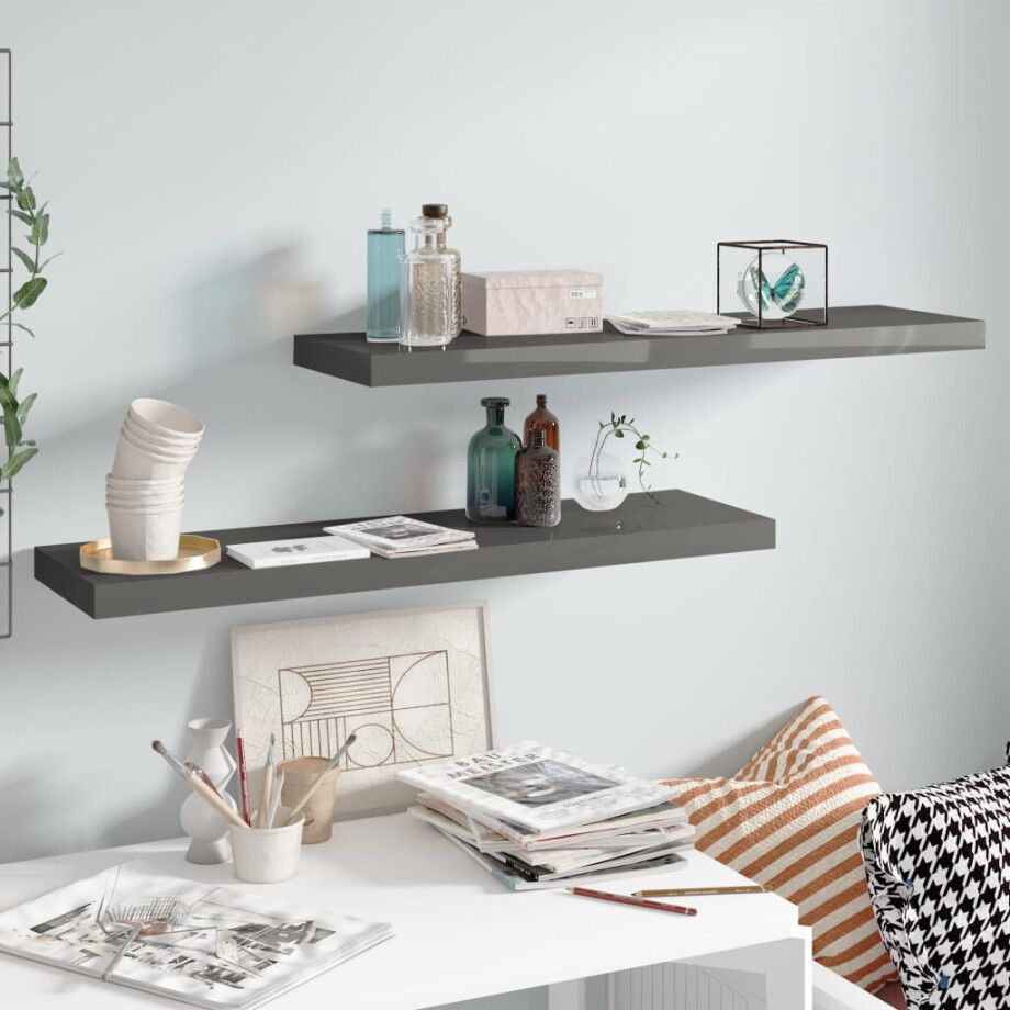 vidaXL Wandschappen zwevend 2 st 90x23,5x3,8 cm MDF hoogglans grijs vidaXL Wandschappen zwevend 2 st 90x23,5x3,8 cm MDF hoogglans grijs afbeelding 1