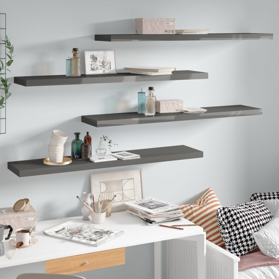 vidaXL Wandschappen zwevend 4 st 120x23,5x3,8 cm MDF hoogglans grijs vidaXL Wandschappen zwevend 4 st 120x23,5x3,8 cm MDF hoogglans grijs afbeelding 1