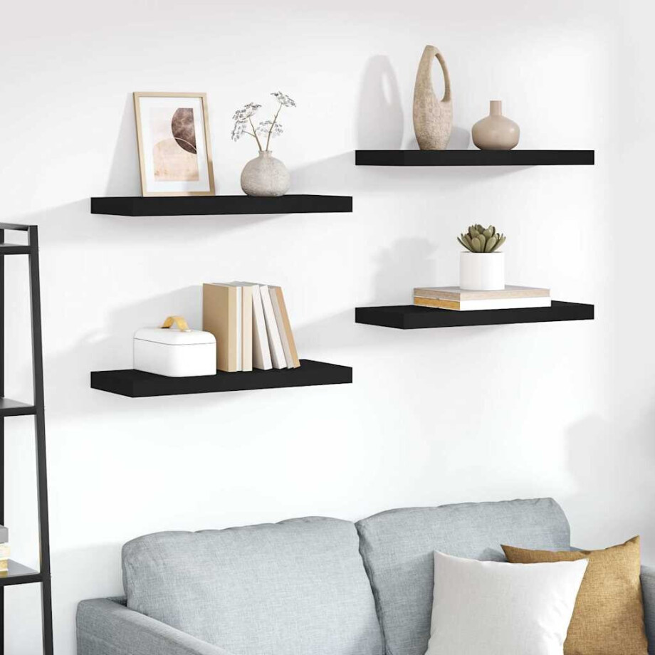 vidaXL Wandschappen zwevend 4 st 60x23,5x3,8 cm MDF zwart vidaXL Wandschappen zwevend 4 st 60x23,5x3,8 cm MDF zwart afbeelding 1