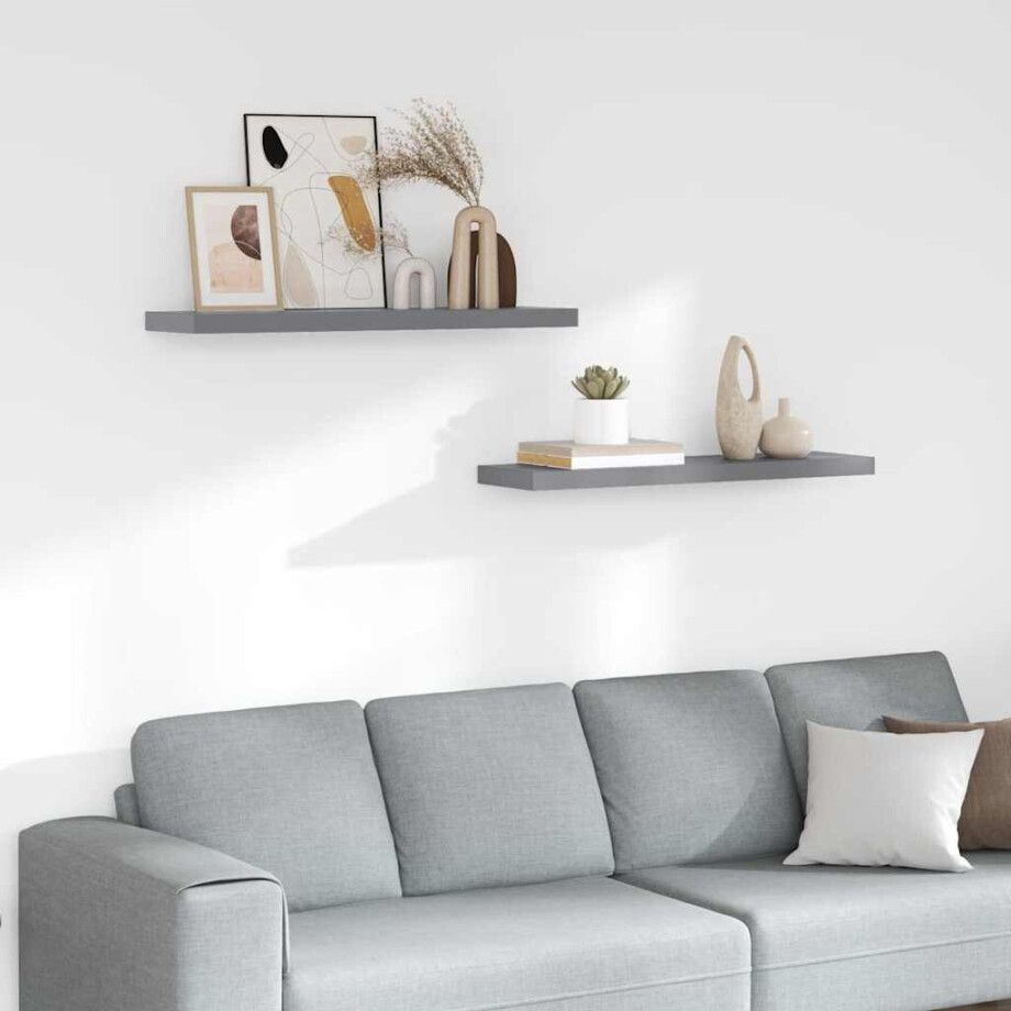 vidaXL Wandschappen zwevend 2 st 90x23,5x3,8 cm MDF grijs afbeelding 1