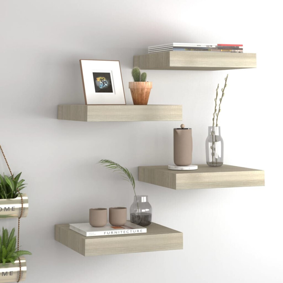 vidaXL Wandschappen zwevend 4 st 23x23,5x3,8 cm MDF eikenkleurig vidaXL Wandschappen zwevend 4 st 23x23,5x3,8 cm MDF eikenkleurig afbeelding 1