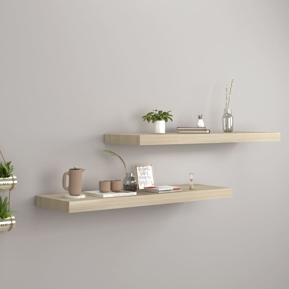 vidaXL Wandschappen zwevend 2 st 80x23,5x3,8 cm MDF eikenkleurig vidaXL Wandschappen zwevend 2 st 80x23,5x3,8 cm MDF eikenkleurig afbeelding 1