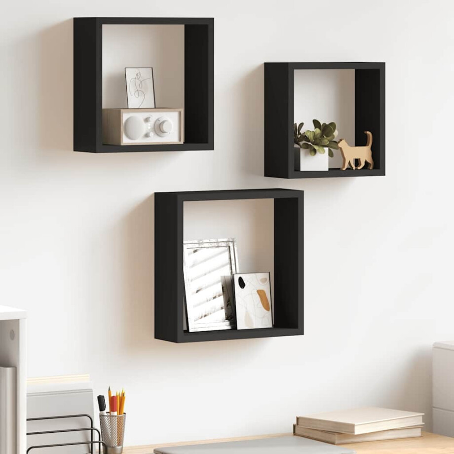 vidaXL Wandschappen kubus 3 st MDF zwart vidaXL Wandschappen kubus 3 st MDF zwart afbeelding 1