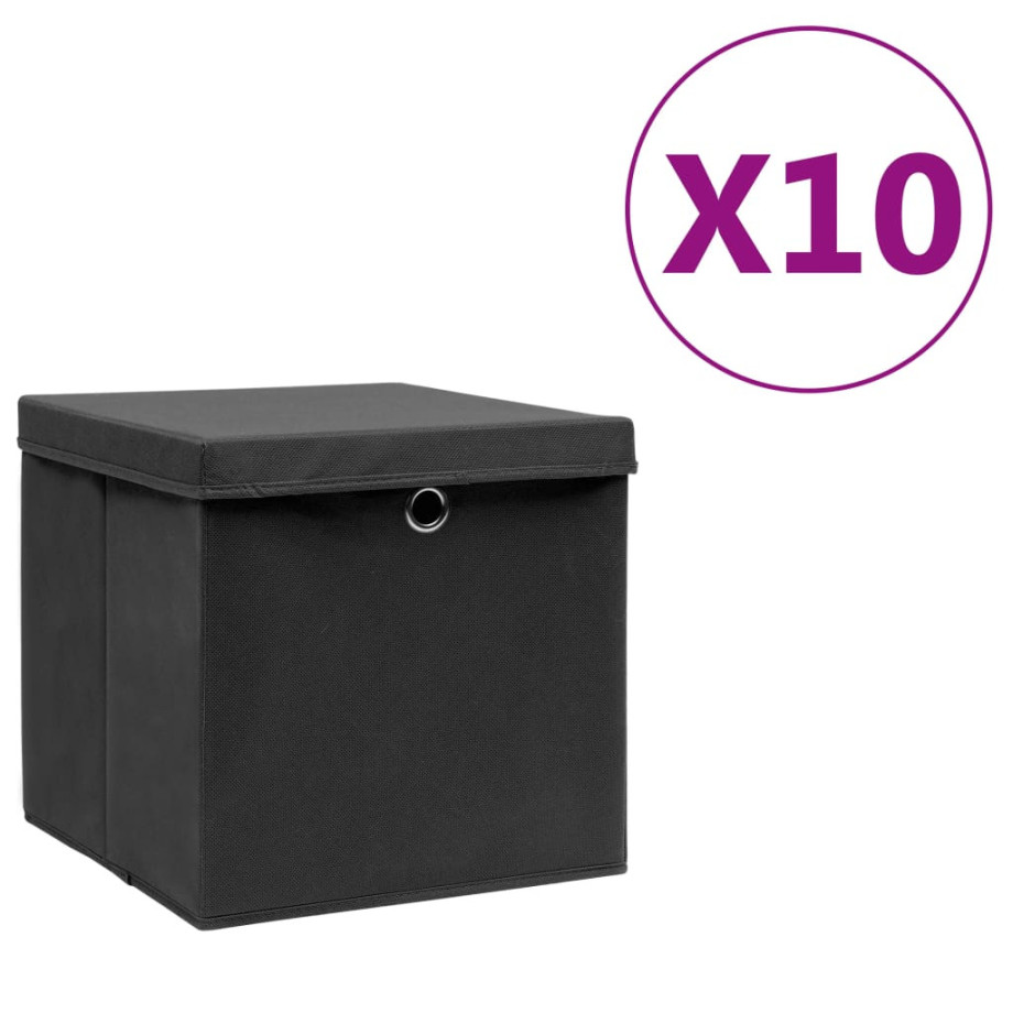 vidaXL Opbergboxen met deksel 10 st 28x28x28 cm zwart afbeelding 1