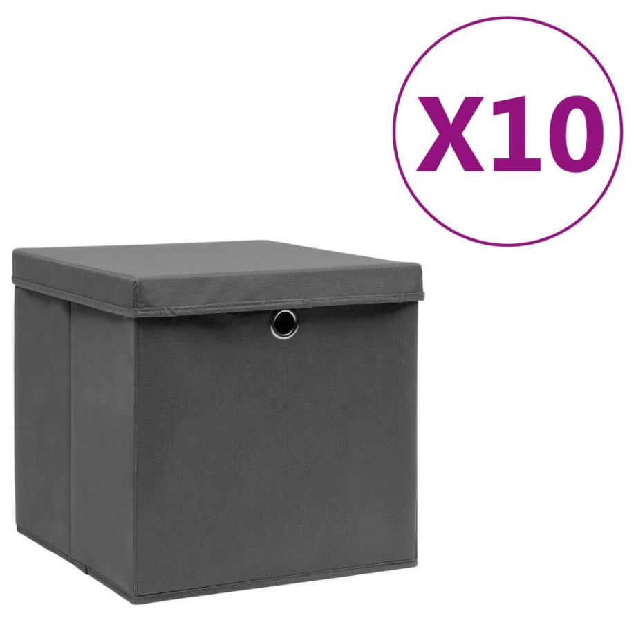 vidaXL Opbergboxen met deksel 10 st 28x28x28 cm grijs afbeelding 1