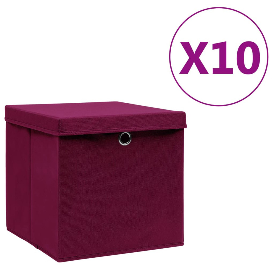 vidaXL Opbergboxen met deksel 10 st 28x28x28 cm donkerrood afbeelding 1