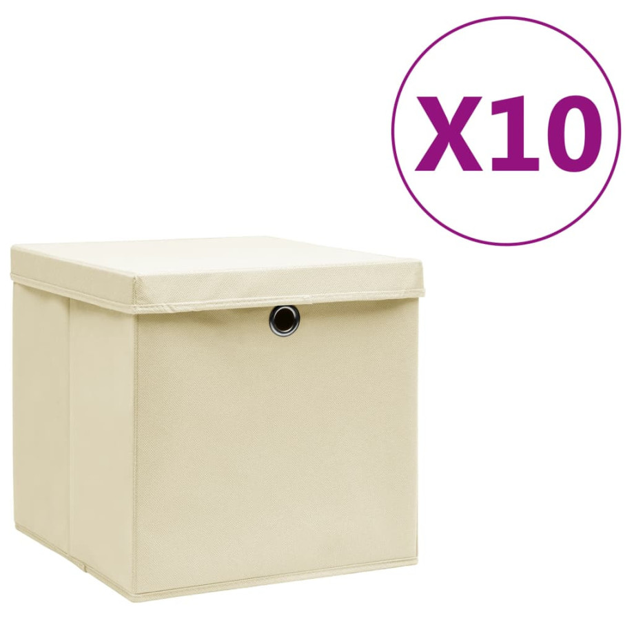 vidaXL Opbergboxen met deksel 10 st 28x28x28 cm crèmekleurig afbeelding 1