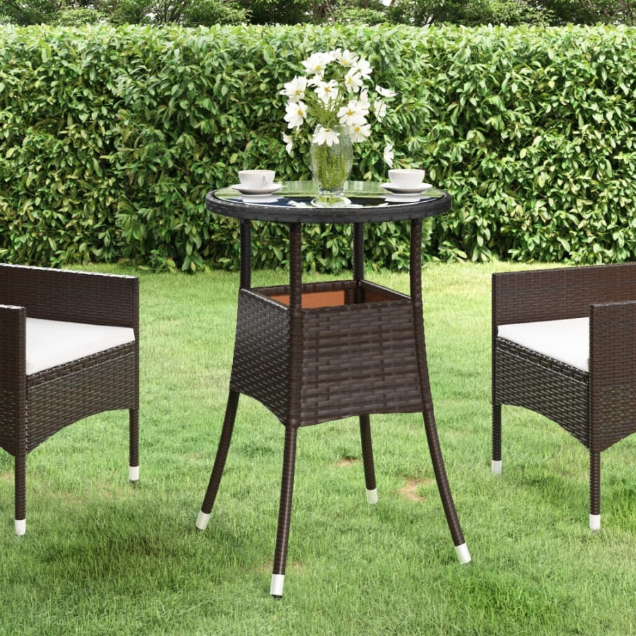 vidaXL Tuintafel Ø60x75 cm gehard glas en poly rattan bruin afbeelding 1