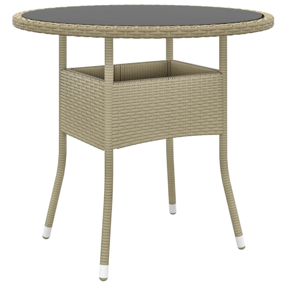 vidaXL Tuintafel Ø80x75 cm gehard glas en poly rattan beige afbeelding 1