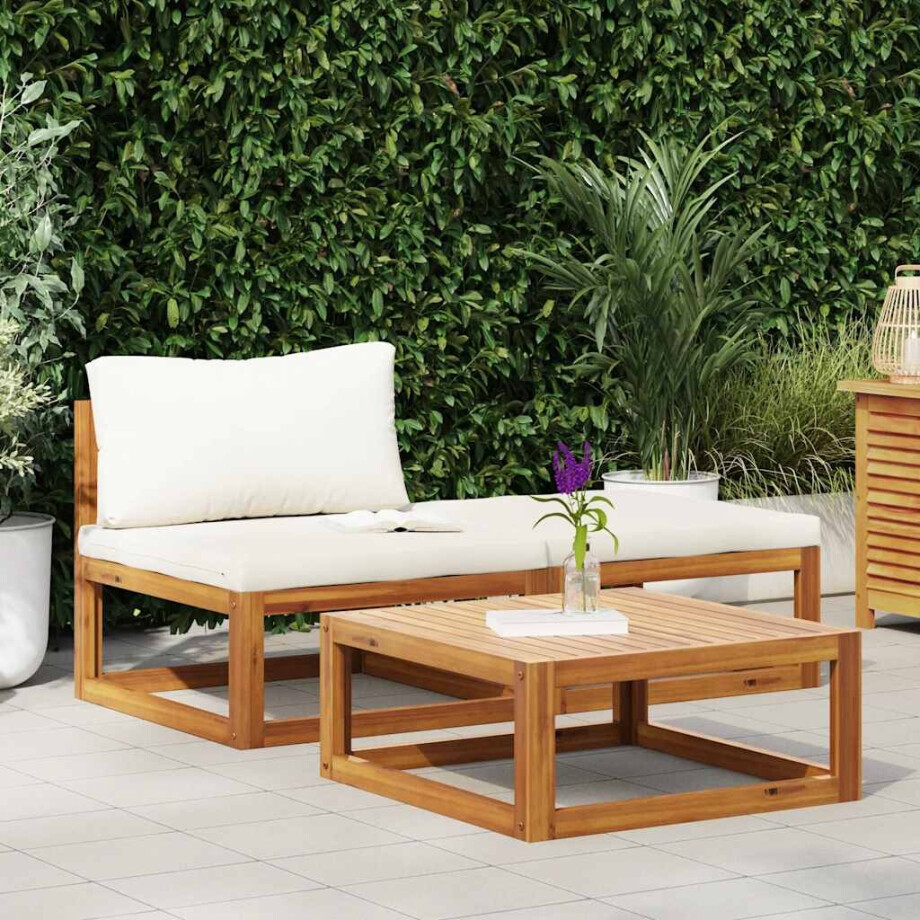 vidaXL 3-delige Loungeset met crèmekleurige kussens massief acaciahout vidaXL 3-delige Loungeset met crèmekleurige kussens massief acaciahout afbeelding 1