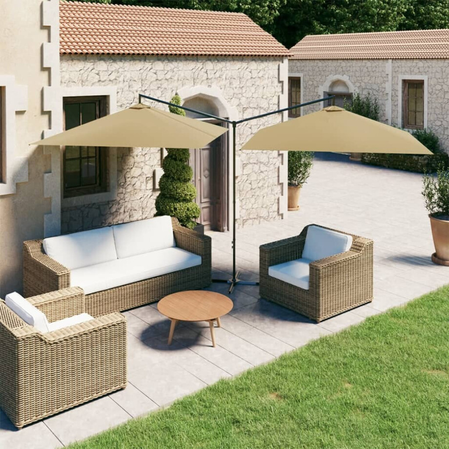 vidaXL Parasol dubbel met stalen paal 600x300 cm taupe afbeelding 1