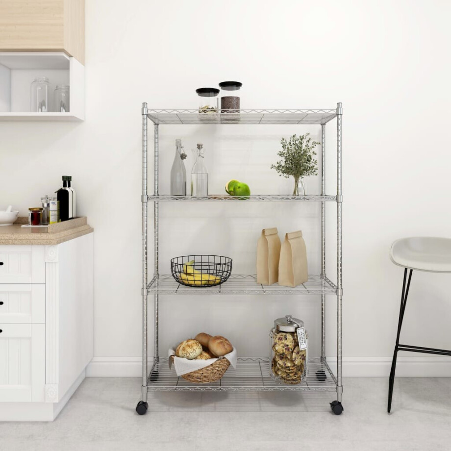 vidaXL Opbergrek 4-laags met wielen 200 kg 90x35x142 cm chroomkleurig afbeelding 1