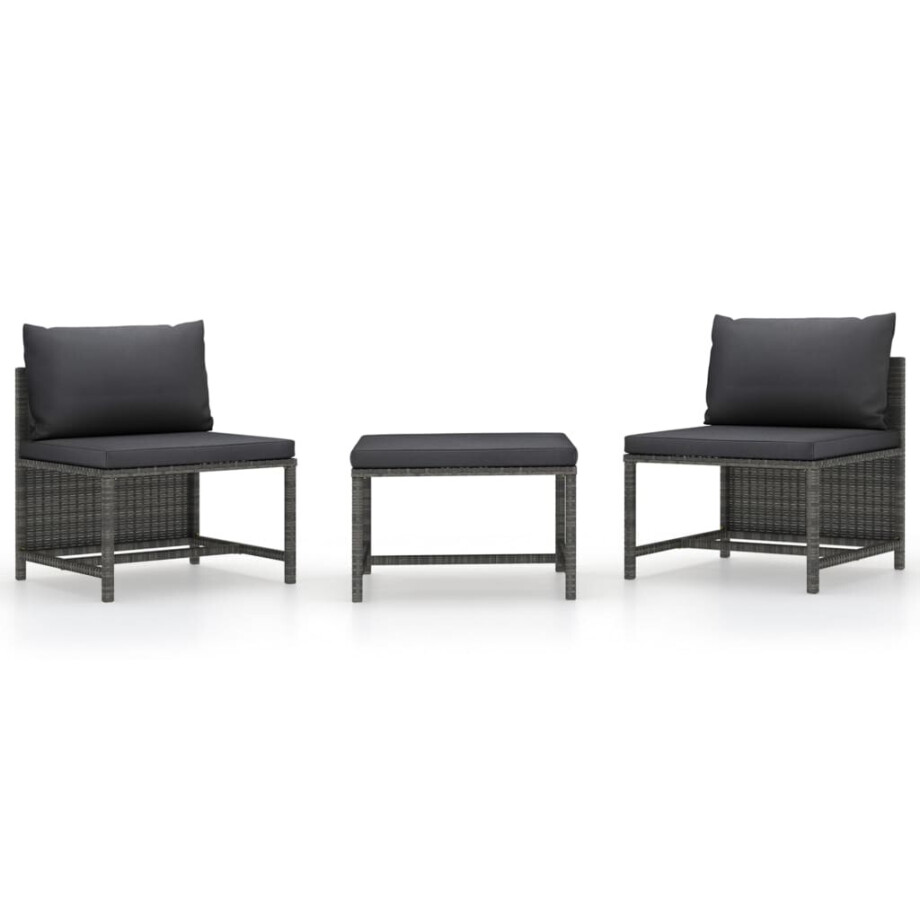 vidaXL 3-delige Loungeset met kussens poly rattan grijs afbeelding 1