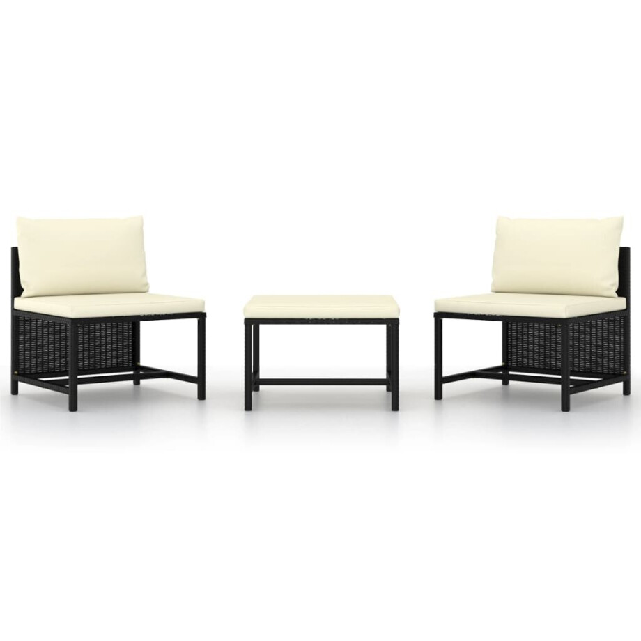 vidaXL 3-delige Loungeset met kussens poly rattan zwart afbeelding 1