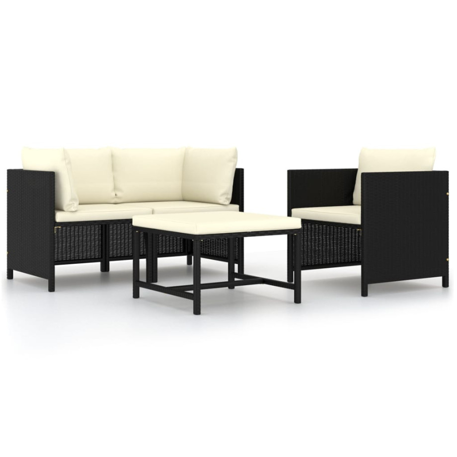 vidaXL 4-delige Loungeset met kussens poly rattan zwart afbeelding 1