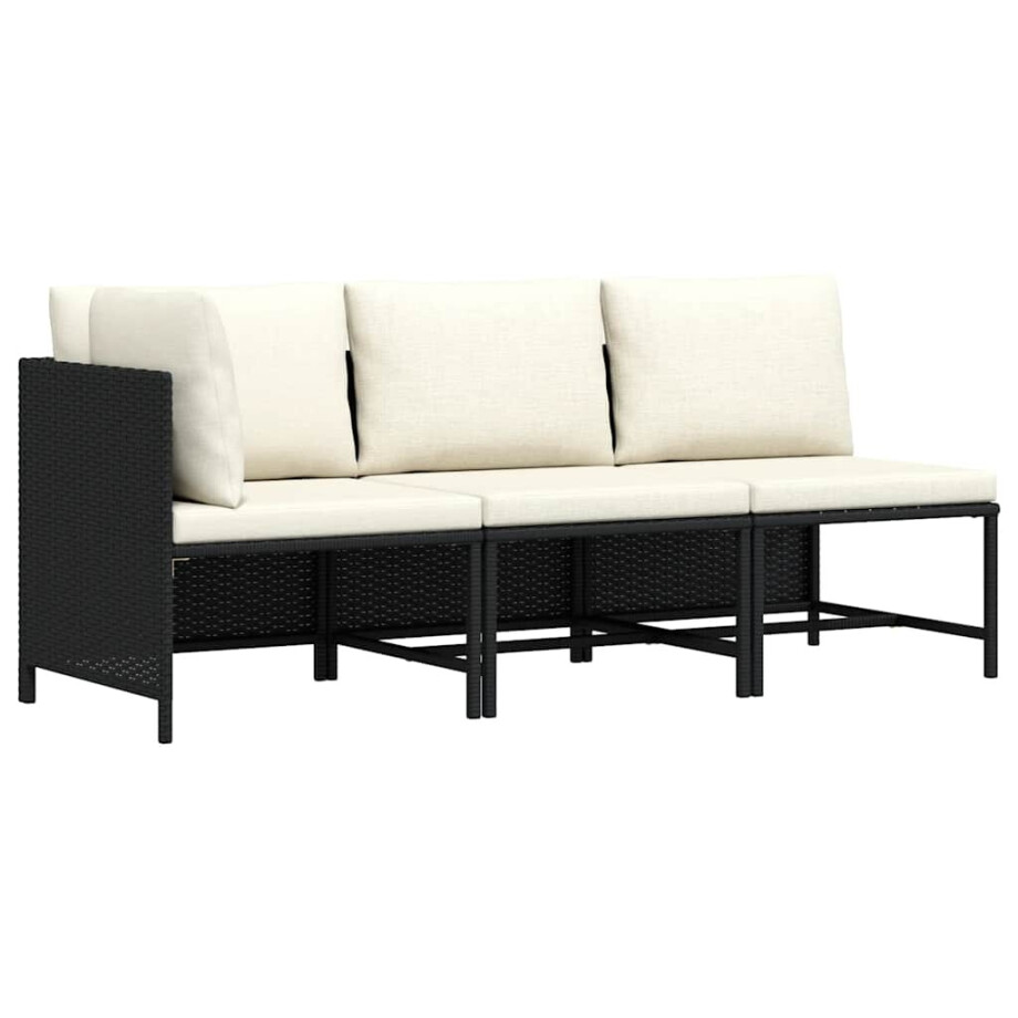 vidaXL 3-delige Loungeset met kussens poly rattan zwart afbeelding 1