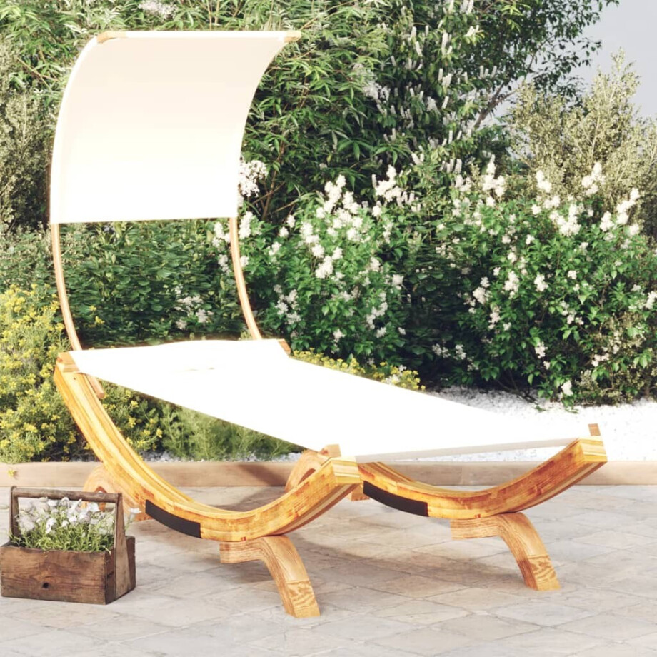 vidaXL Loungebed met luifel 100x200x126 cm massief gebogen hout crème afbeelding 1