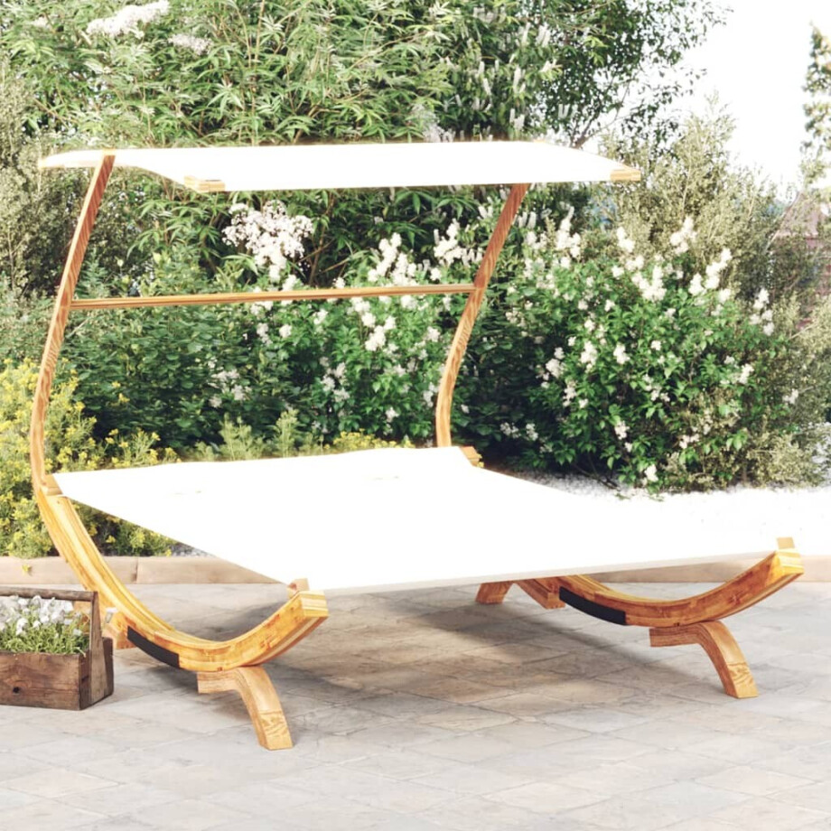 vidaXL Loungebed met luifel 165x203x138 cm massief gebogen hout crème afbeelding 1