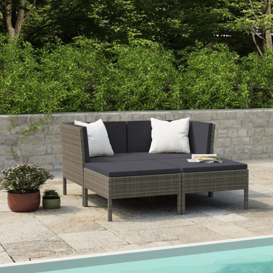 vidaXL 4-delige Loungeset met kussens poly rattan grijs afbeelding 1