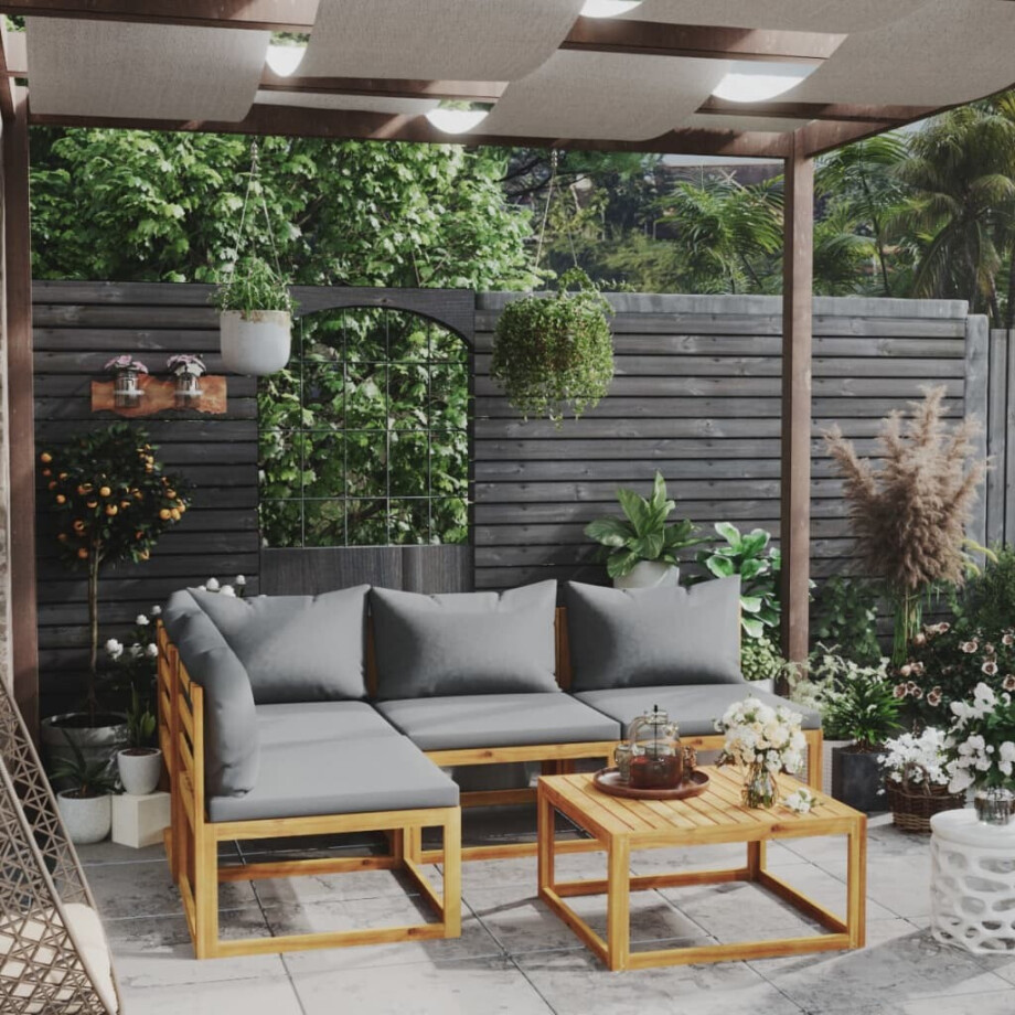 vidaXL 5-delige Loungeset met kussens massief acaciahout afbeelding 1
