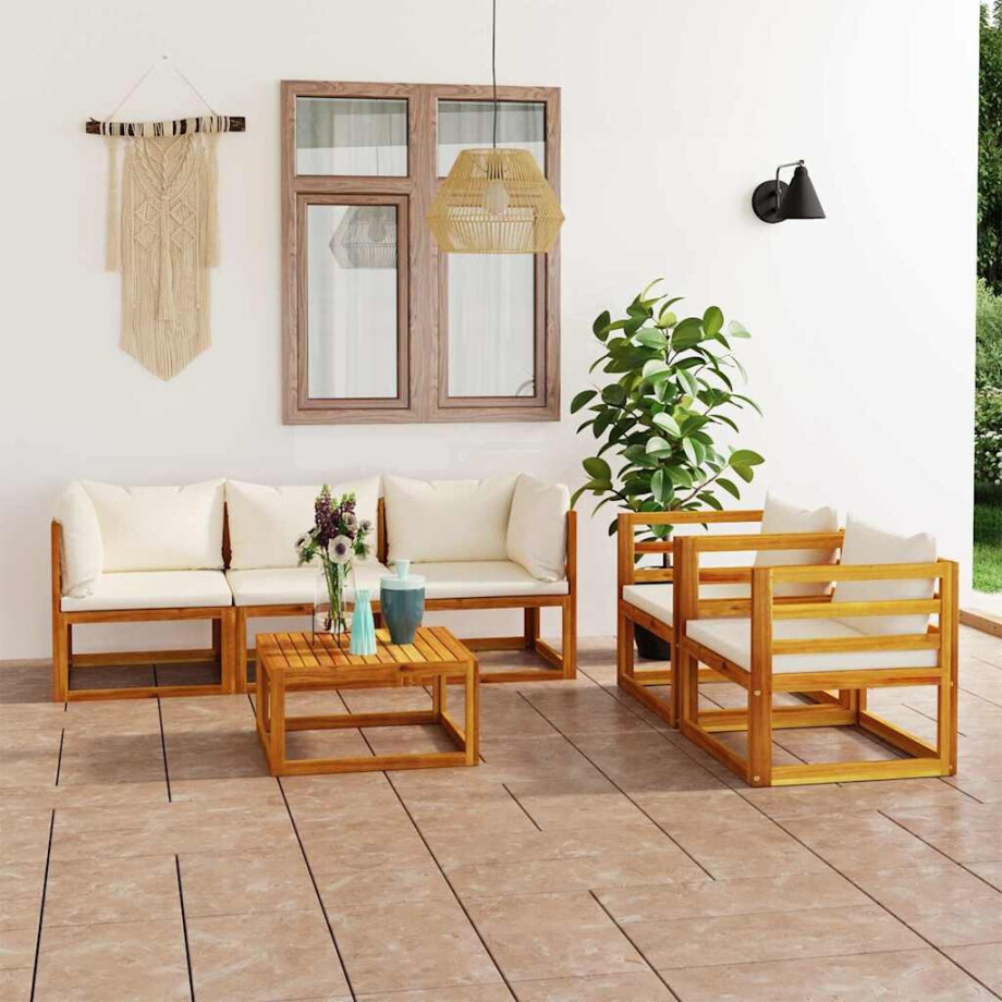 vidaXL 6-delige Loungeset met kussens massief acaciahout crème vidaXL 6-delige Loungeset met kussens massief acaciahout crème afbeelding 1