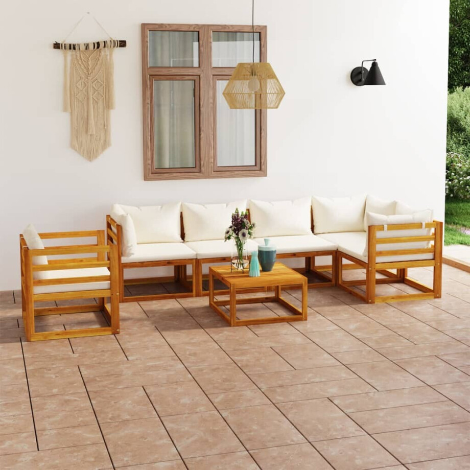 vidaXL 7-delige Loungeset met kussens massief acaciahout crème afbeelding 1