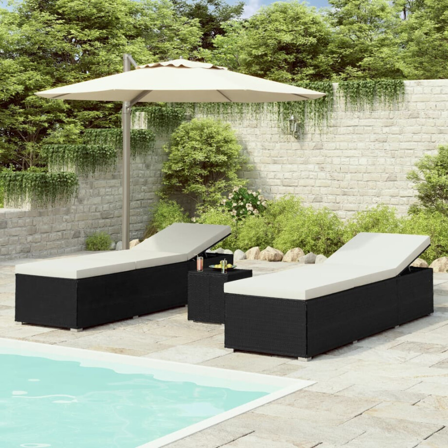 vidaXL 3-delige Ligbeddenset met theetafel poly rattan zwart afbeelding 1
