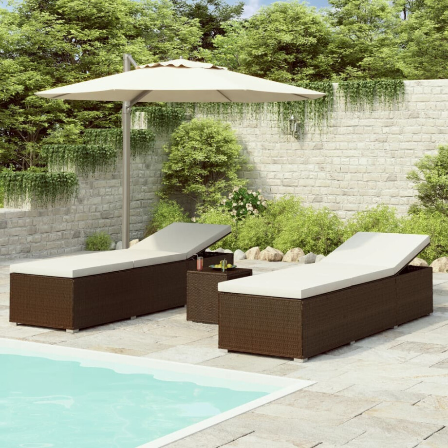 vidaXL 3-delige Ligbeddenset met theetafel poly rattan bruin vidaXL 3-delige Ligbeddenset met theetafel poly rattan bruin afbeelding 1