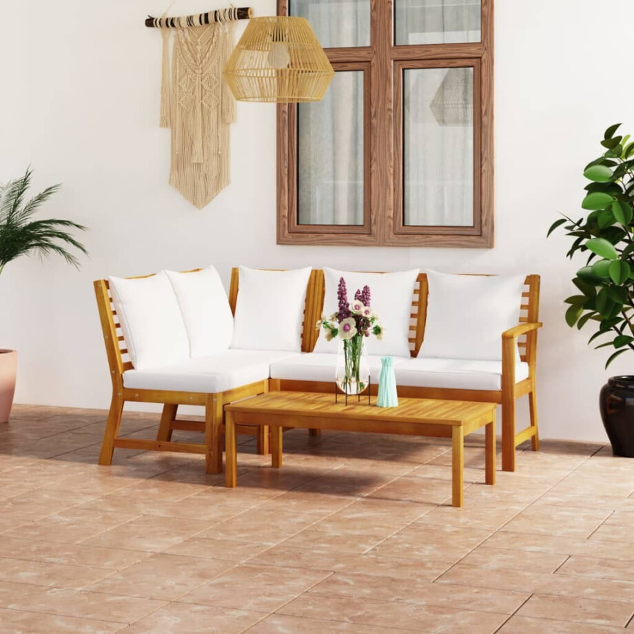 vidaXL 4-delige Loungeset met kussens massief acaciahout crème vidaXL 4-delige Loungeset met kussens massief acaciahout crème afbeelding 1