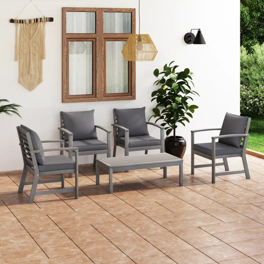 vidaXL 5-delige Loungeset met kussens massief acaciahout grijs vidaXL 5-delige Loungeset met kussens massief acaciahout grijs afbeelding 1