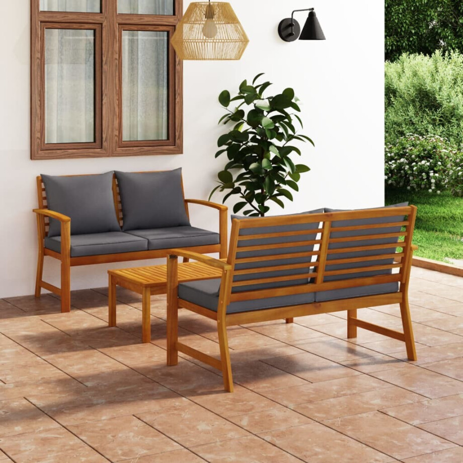 vidaXL 3-delige Loungeset met kussens massief acaciahout vidaXL 3-delige Loungeset met kussens massief acaciahout afbeelding 1