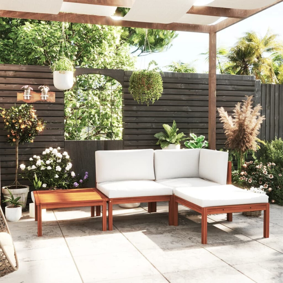 vidaXL 4-delige tuinloungeset met kussens crèmekleurig acaciahout en touw afbeelding 1