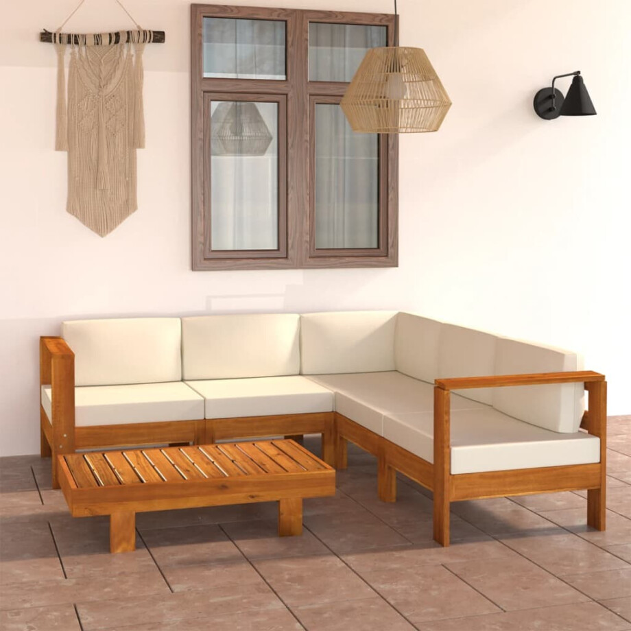 vidaXL 6-delige Loungeset met crèmewitte kussens acaciahout afbeelding 1